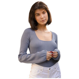 New Lulus Sweater Womens XL Keep Em Guessing Ribbed Balloon Sleeve Dusty Blue